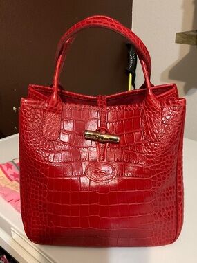 Longchamp Red Croc-Embossed Mini Tote with Gold-Tone Toggle